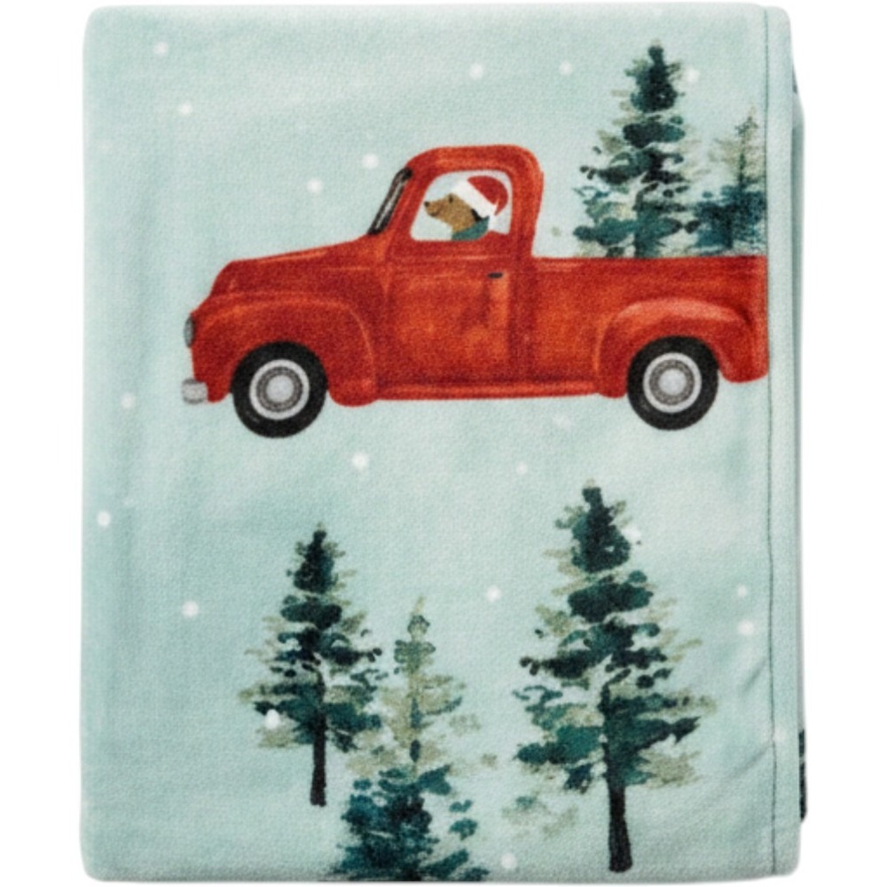 New Berkshire Velvetsoft Throw Holiday Dog Red Truck Oversized 60x70 Baby Blue